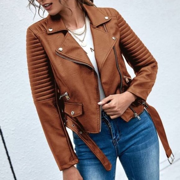 Faux eather zipper biker motorcycle jacket camel